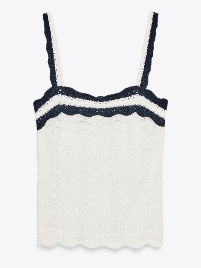 Nwt Zara Crochet Open Knit Tank Top In White With Navy Striped Scalloped Trim